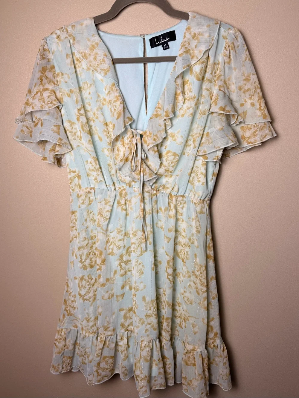 Lulus Dreaming Of Romance Dress M Mint Floral Ruffle Mini Tie Front Cottagecore - Picture 3 of 9